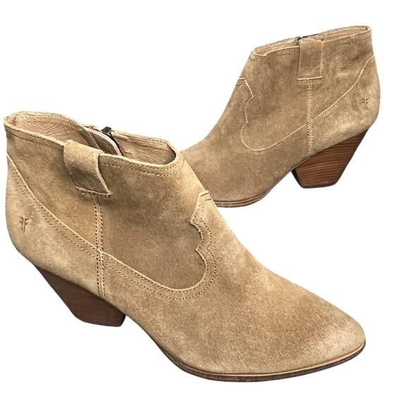 Frye Reina Ankle Boots 10 Cognac Suede Western Ankle Zip Stacked Heel Booties - Picture 1 of 15